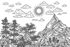 ilustración contorno paisaje montaña naturaleza colorante página vector