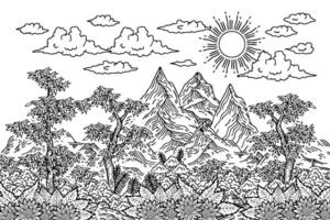 ilustración montaña paisaje naturaleza contorno colorante página vector