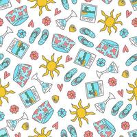 Seamless pattern with beach shorts, flip flops, lemon, cocktail, sun and flower. Summer background. Creative texture for fabric, paper. vector