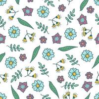 Cute seamless pattern with flowers and leaves in doodle style. In color. In doodle style. Stock image on white background. Perfect for cards, decorations, spring and summer designs. vector