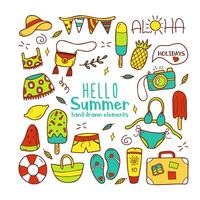 Hand drawn colored set of summer elements with a hat, ice cream, garland of flags, bag, top, skirt, pineapple, camera, swimsuit, watermelon, lemon, lifebuoy, shorts, suitcase, flip-flop vector