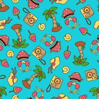 Seamless pattern with palm tree, swimsuit, shell, camera, and hat. Summer isolated illustration. Blue background. vector