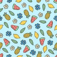 Summer seamless pattern with lemon, watermelon, pineapple, flowers and leaf. On a blue background. vector