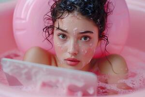 Woman in Pink Bathtub Playing With Frisbee photo