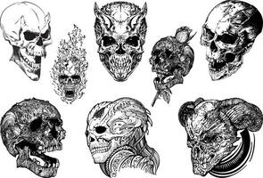 conjunto de calaveras en blanco fondo, , gótico, cráneo caras, extraterrestre calaveras, humano y animal calaveras, línea dibujo vector