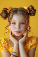 joven niña con azul ojos en amarillo vestir foto