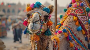 A camel adorned with traditional decorations for the Eid al-Adha festival photo