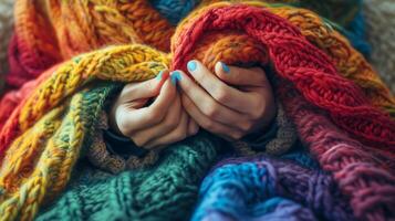 A pair of hands knitting a rainbow scarf as a symbol of solidarity and warmth, pride month theme photo