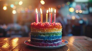 A rainbow-colored cake adorned with candles for a Pride birthday celebration, pride month theme photo