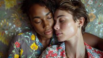 A mix LGBTQ couple cudding together, pride month theme photo