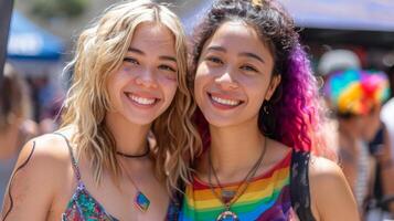 un joven lgbtq Pareja trabajar como voluntario juntos a un comunidad superar a evento, durante orgullo mes festival foto