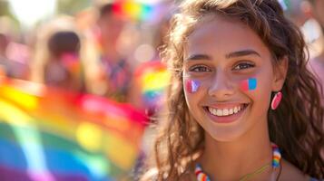 un atractivo joven adolescente sonriente mientras participativo en un orgullo marzo foto