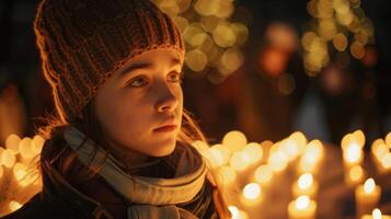 Portrait of a girl who lost her family, a candlelit evening vigil held in a town square, The warm glow of candles illuminates somber faces paying tribute to heroes lost photo