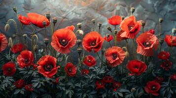 Red Poppy flowers garden on grey concrete background with copy space and warm morning light, Memorial day theme photo