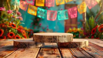 Empty wooden podium againts colorful decoration of Cinco de Mayo background in backyard for product display photo
