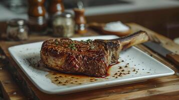 Juicy beef steak on a white plate in the kirchen photo