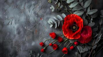 Red Poppy flowers on grey concrete background with copy space, Memorial day theme photo