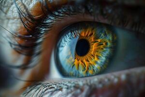 extremo cerca arriba de un humano vistoso ojos muestra detalle de el iris y alumno foto