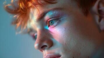 Close-up of a young man with shimmering pink blue purple eyelids makeup, pride month theme photo