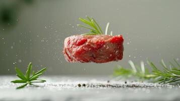 A piece of beef tenderloin with rosemary levitating on natural green background photo