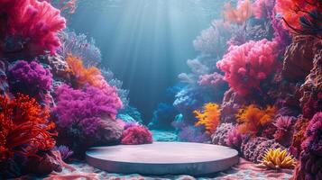 empty white podium underwater on sand and colorful corals background for product presentation photo