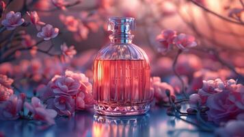 A luxury pink glass perfume bottle on cherry blossom flowers garden with evening light background, a wide banner with copy space area photo