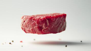 a piece of fresh beef tenderloin seasoning with salt and pepper levitating on white background photo