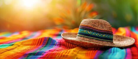 Mexican hats or sombreros on colorful fabric with green natural background and warm light, cinco de mayo festival theme photo