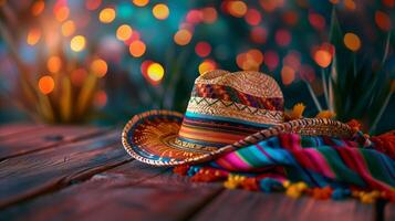 Mexican hats or sombreros on wooden table with green orange bokeh background, cinco de mayo festival theme photo