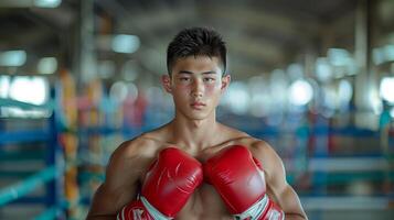 retrato de asiático Adolescente chico vistiendo rojo boxeo guantes mirando a cámara foto