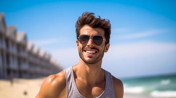 un contento atractivo hombre con Gafas de sol disfrutando él mismo en un soleado playa durante un calentar día. hombre en el playa en el verano. de viaje solo concepto, contento momento foto