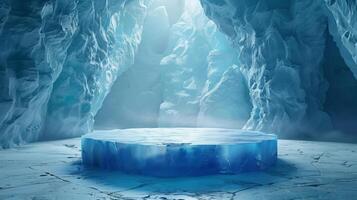 empty blue ice podium on ice cave background with fog for product presentation photo