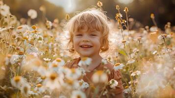 Portrait of happy little caucasian girl smiling in the white flower garden at morning time photo