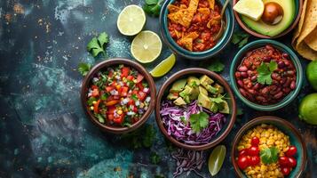 top view of mexican foods for cinco de mayo festival on the dark green table sush as salsa, guacamole, nachos photo