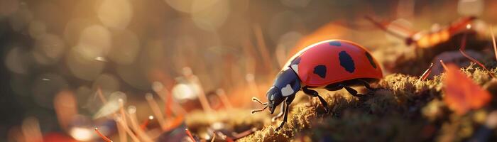 A close up of ladybug on the ground with autumn leaves and grass field background photo