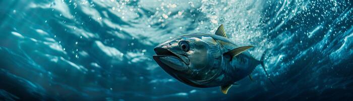 A Close up of Tuna swimming in the deep dark blue ocean photo