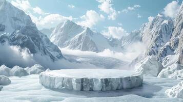 empty white stone podium on snow floor with ice mountain background for product presentation photo