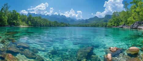 panorama view of of clear water at watershed forest, beautiful nature banner background photo