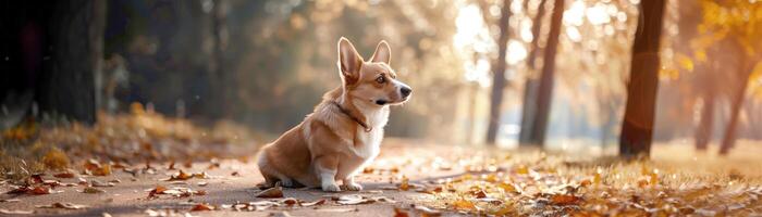 corgi perro sentado en el parque entre naranja hojas en el otoño temporada con calentar luz de sol foto