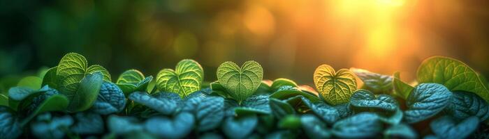 Vibrancy of heart-shaped leaves garden against a soft blurred morning light backgraound for banner or wallpaper photo