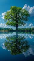 A giant tree stood behind a large stream againts blue sky with fluffy cloud. See the perfect reflection on the water photo