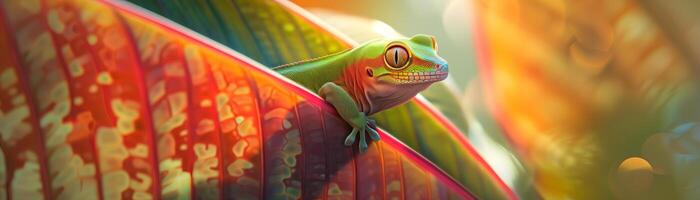 Madagascar Day Gecko on the leaf with natural background and warm sunlight photo