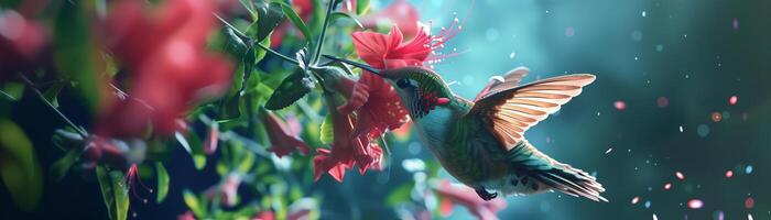 A cute little hummingbird flying and pink flower on natural green background with sunlight photo