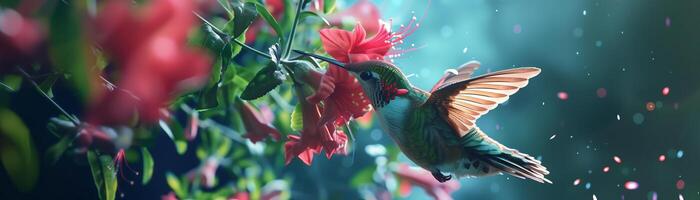 un linda pequeño colibrí volador y rosado flor en natural verde antecedentes con luz de sol foto