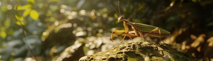 hembra europeo mantis o Orando mantis en el natural rock con dramático verde bosque antecedentes foto