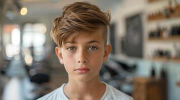 Portrait os a attractive young boy with a undercut hairstyle despite being in a barbershop photo