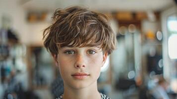 Portrait os a attractive young boy with a modern hairstyle despite being in a barbershop photo