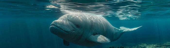 A Dugong swimming in the blue sea photo