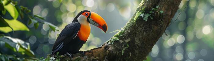 tucán tropical exótico pájaro desde el selva con sus icónico amarillo naranja pico sentado en el rama de un árbol rodeado por verdor foto