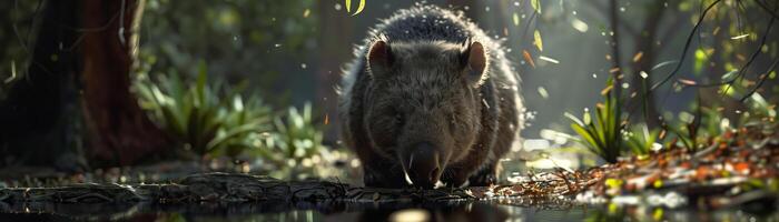 wombat Bebiendo agua a el estanque en el bosque foto